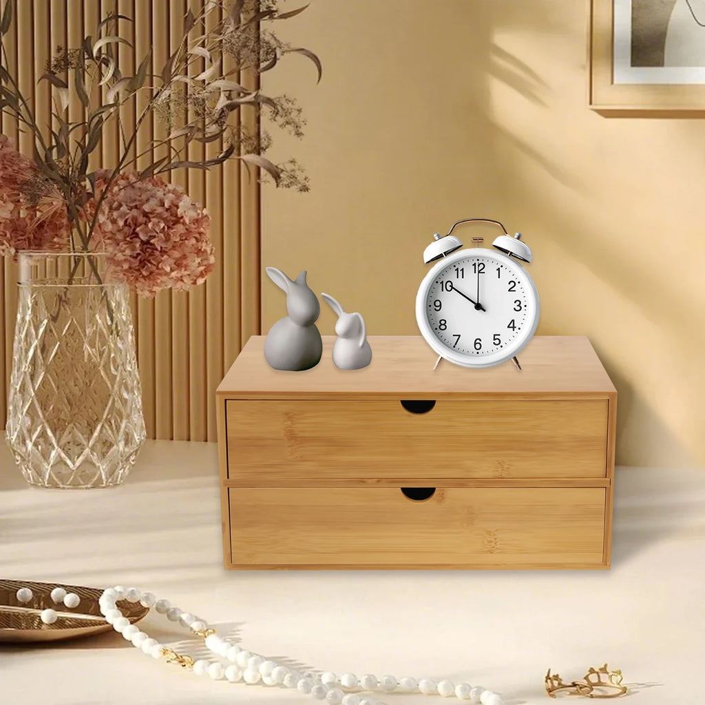 Bamboo Desktop Organizer - 2-Drawer Natural Wood Stationery & Makeup Storage