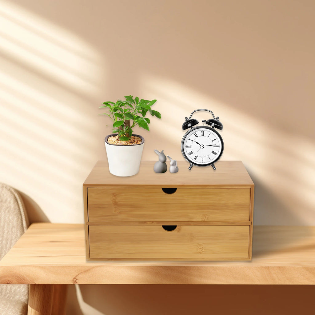 Bamboo Desktop Organizer - 2-Drawer Natural Wood Stationery & Makeup Storage
