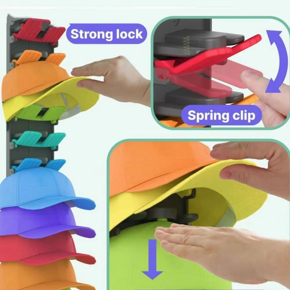 Baseball Cap Organizer Rack - Adjustable Hat Holder with Spring Clips for Doors/Closets
