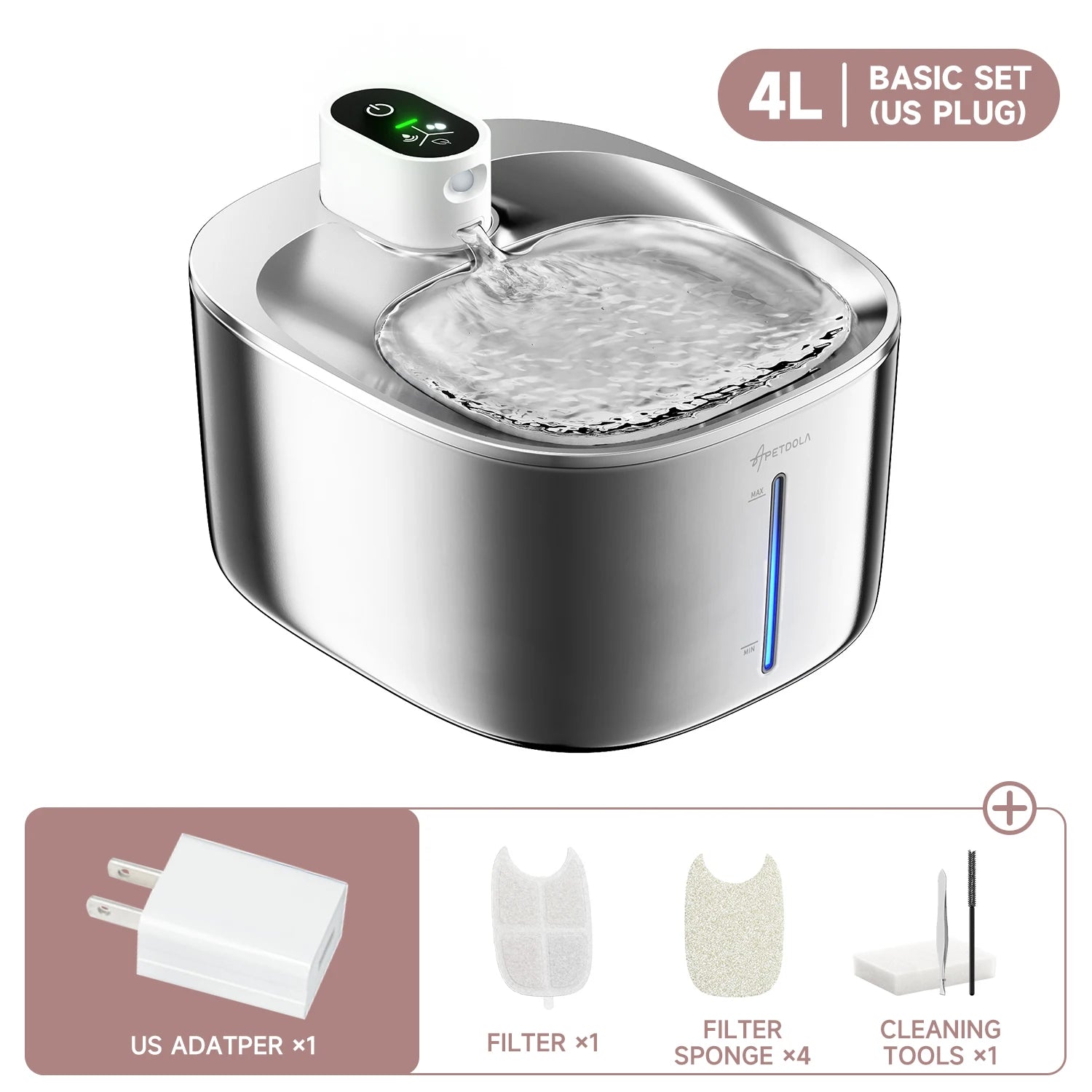 APETDOLA 4L Wireless Cat Water Fountain | Stainless Steel, Motion Sensor, 4000mAh Battery | 3 Modes for Cats & Dogs