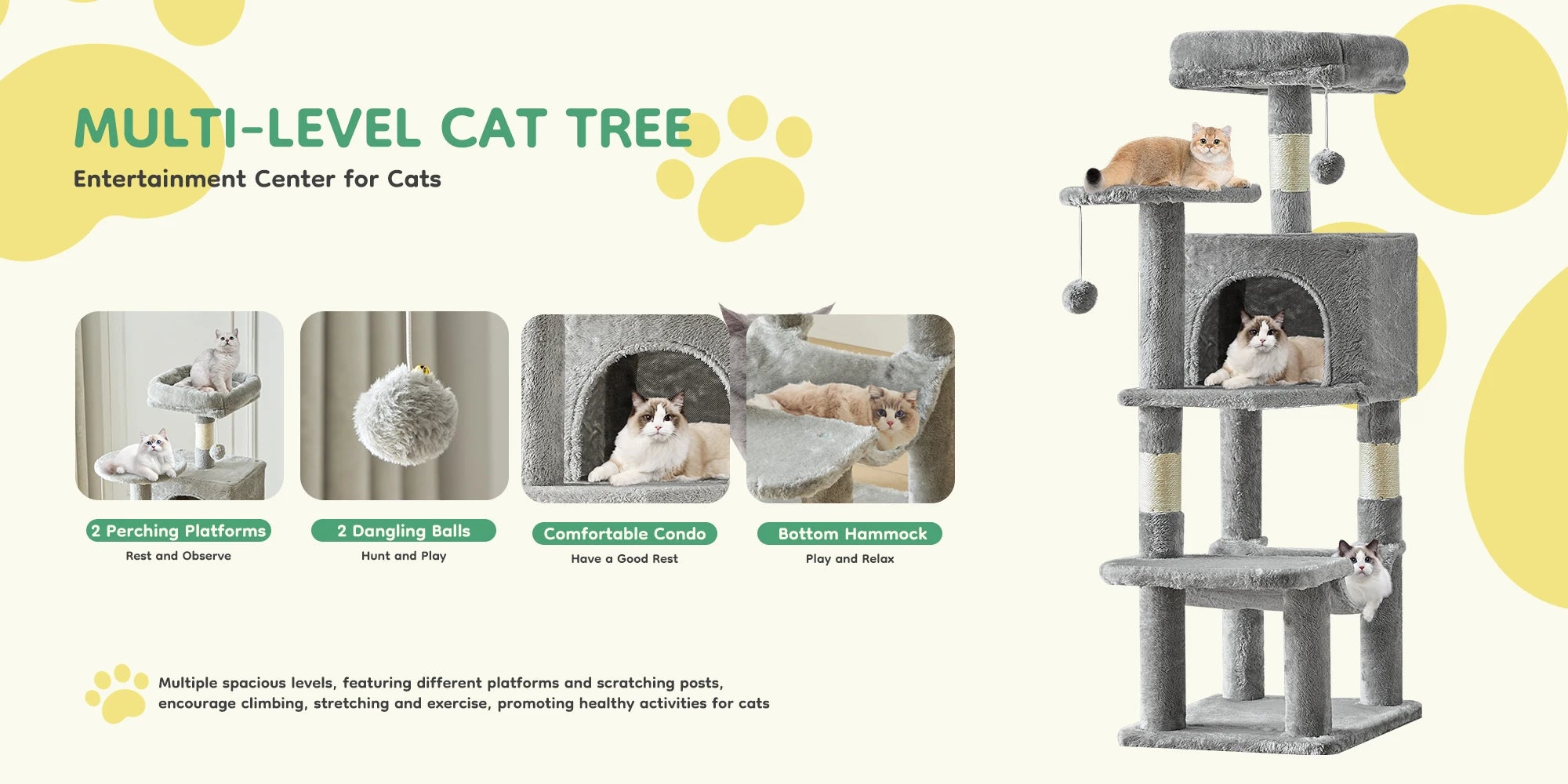 JHK 44" Multi-Level Cat Tree Tower | 4-Tier Climbing Tower with Condo, Hammock & Sisal Scratching Posts | For 2–3 Cats