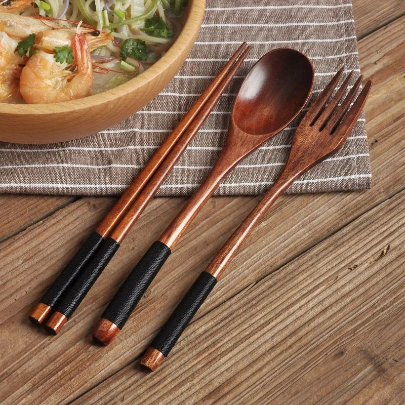 3-Piece Portable Bamboo Cutlery Set - Eco-Friendly Reusable Wooden Spoon, Fork & Chopsticks for Travel