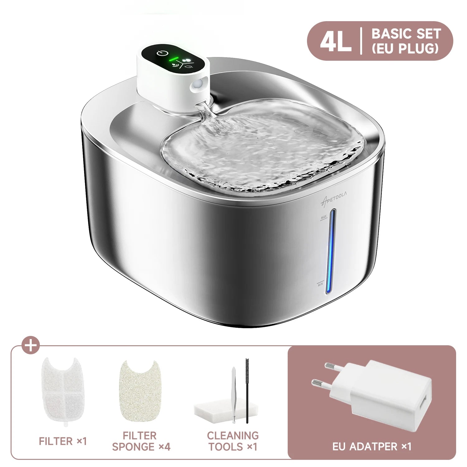 APETDOLA 4L Wireless Cat Water Fountain | Stainless Steel, Motion Sensor, 4000mAh Battery | 3 Modes for Cats & Dogs