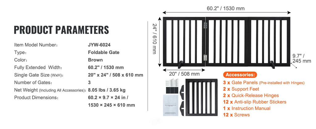 SucceBuy Freestanding Wood Dog Gate | 3-Panel Foldable Pet Barrier | No-Drill, Adjustable Width | 60–96 Inches