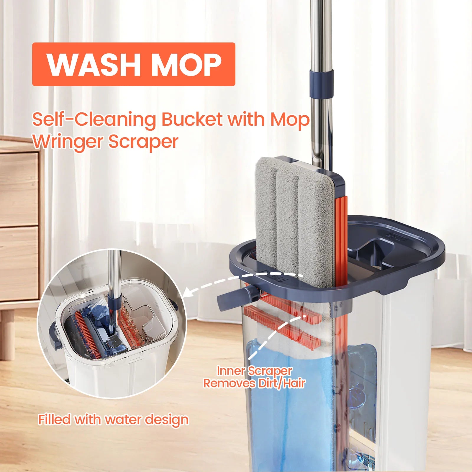 Floor Flat Squeeze Mop with Bucket Hand Free