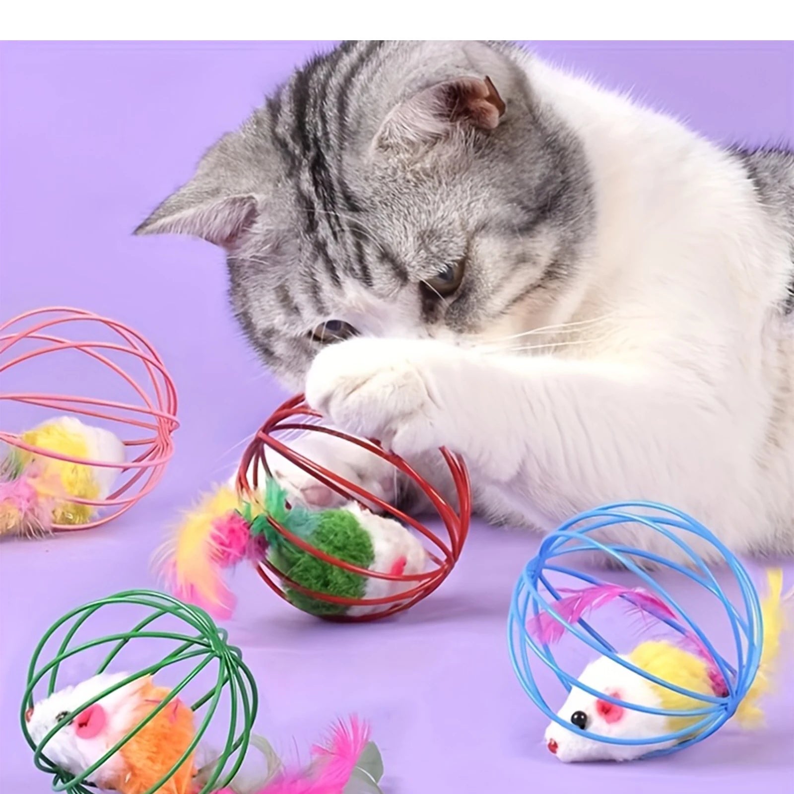 LISM Wire Cage Mouse Cat Toy | Feather Tail & Jingle Bell Ball | Interactive Stimulation Toy for Indoor Cats