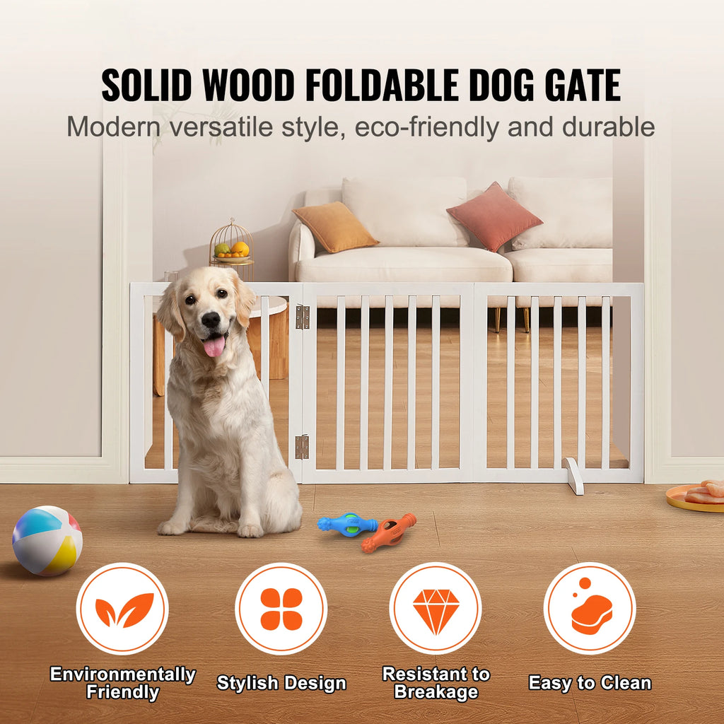 SucceBuy Freestanding Wood Dog Gate | 3-Panel Foldable Pet Barrier | No-Drill, Adjustable Width | 60–96 Inches