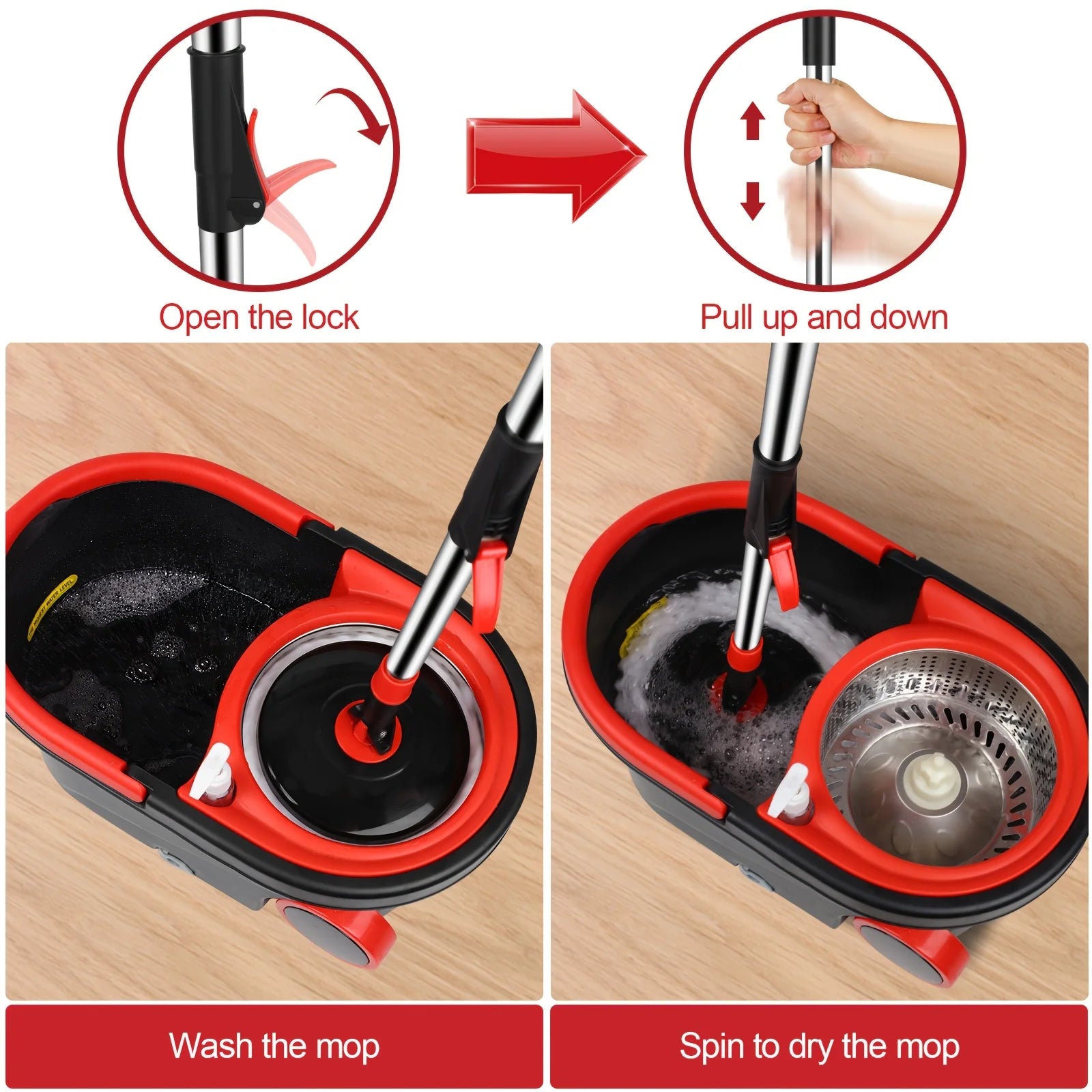 360° Spin Mop & Bucket Set with Wringer | Stainless Steel Handle, Rolling Wheels | All Hard Floors