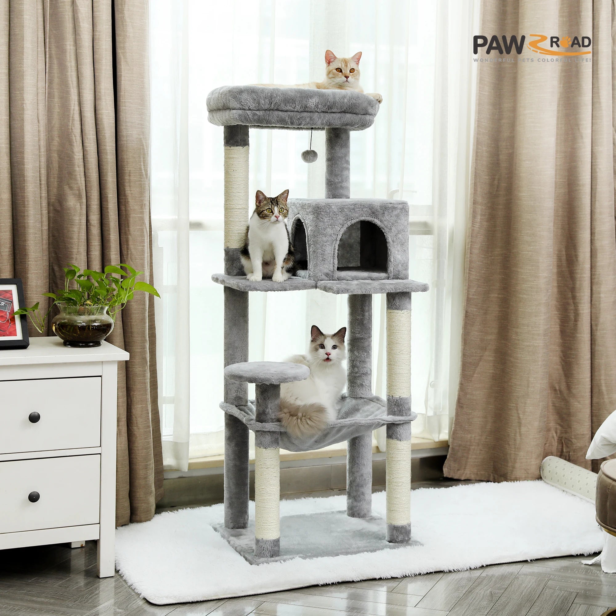 PAWZ Road 5-Level Cat Tree Tower | Large Hammock, Sisal Scratching Posts & Cozy Condo for Indoor Cats