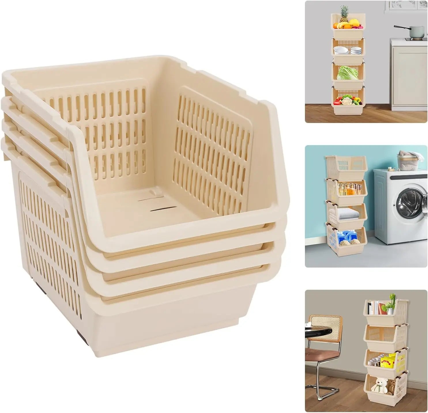 4-Pack Stackable Storage Baskets - Multi-Purpose Plastic Organizer Bins for Pantry