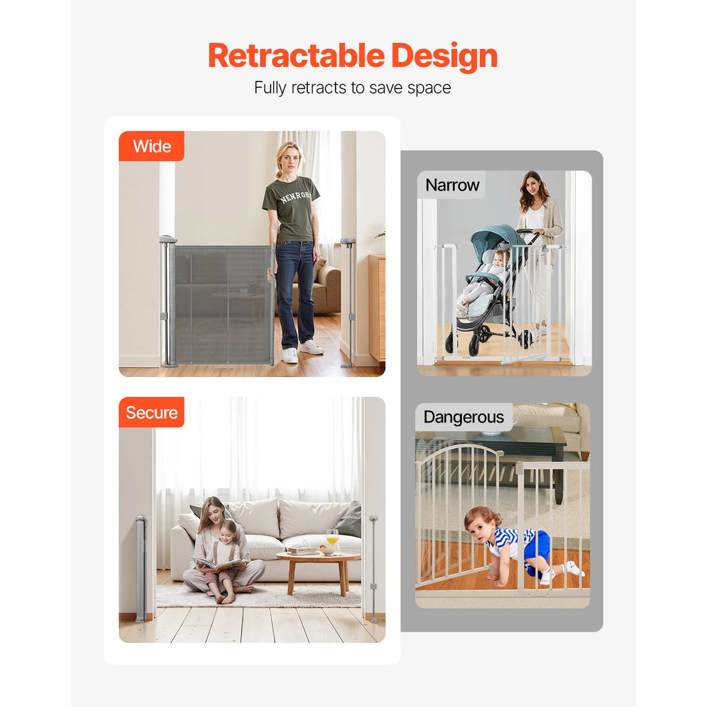 SucceBuy Retractable Baby & Pet Gate | Soft Mesh, 34" Tall | Anti-Crawl Bottom Strip | 55–110 Inches Wide