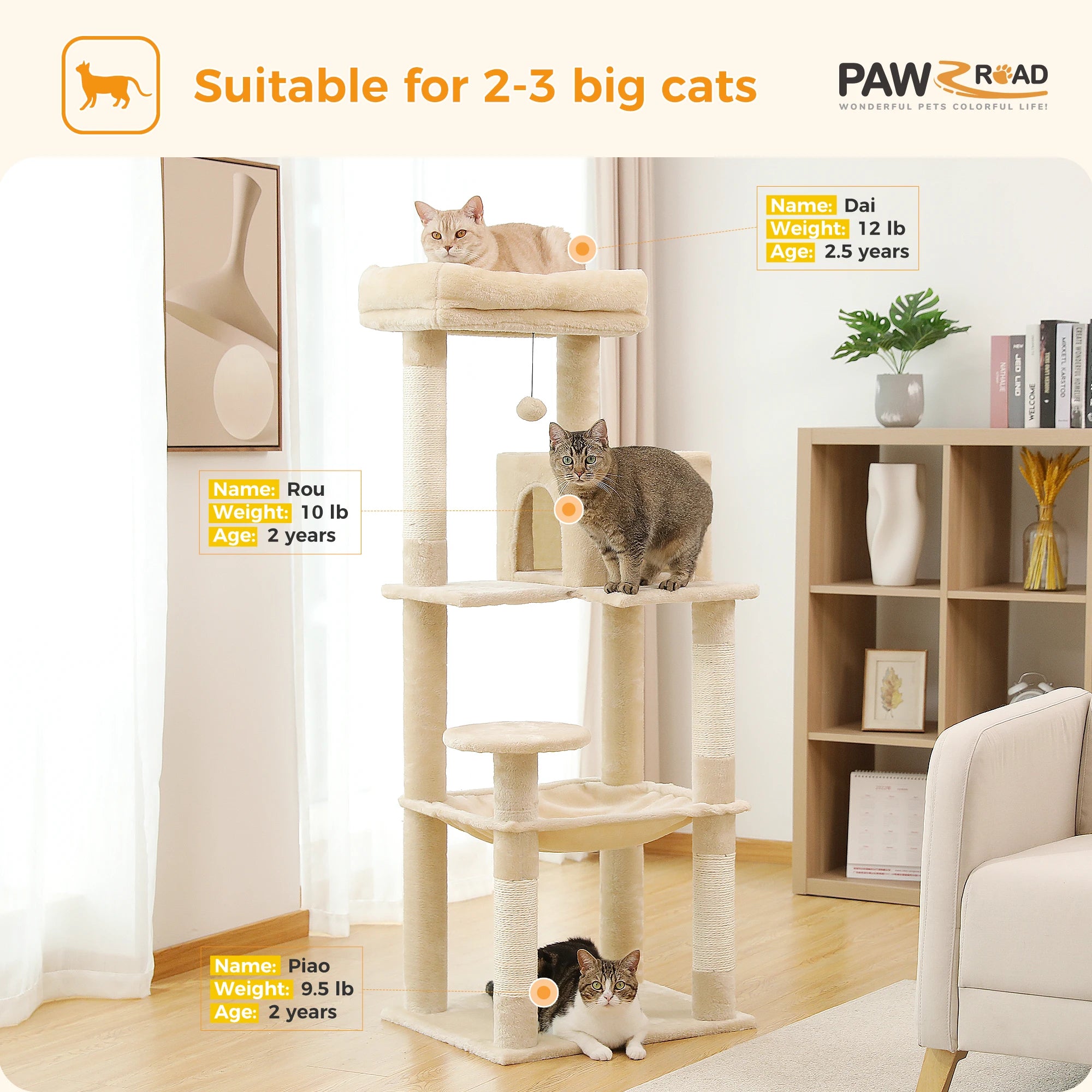 PAWZ Road 5-Level Cat Tree Tower | Large Hammock, Sisal Scratching Posts & Cozy Condo for Indoor Cats