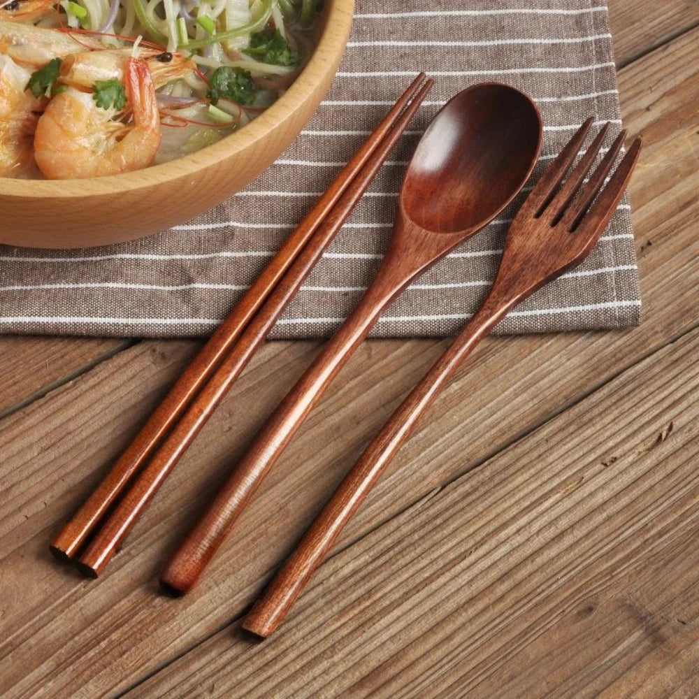 3-Piece Portable Bamboo Cutlery Set - Eco-Friendly Reusable Wooden Spoon, Fork & Chopsticks for Travel