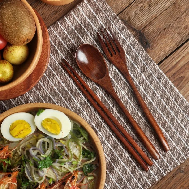 3-Piece Portable Bamboo Cutlery Set - Eco-Friendly Reusable Wooden Spoon, Fork & Chopsticks for Travel