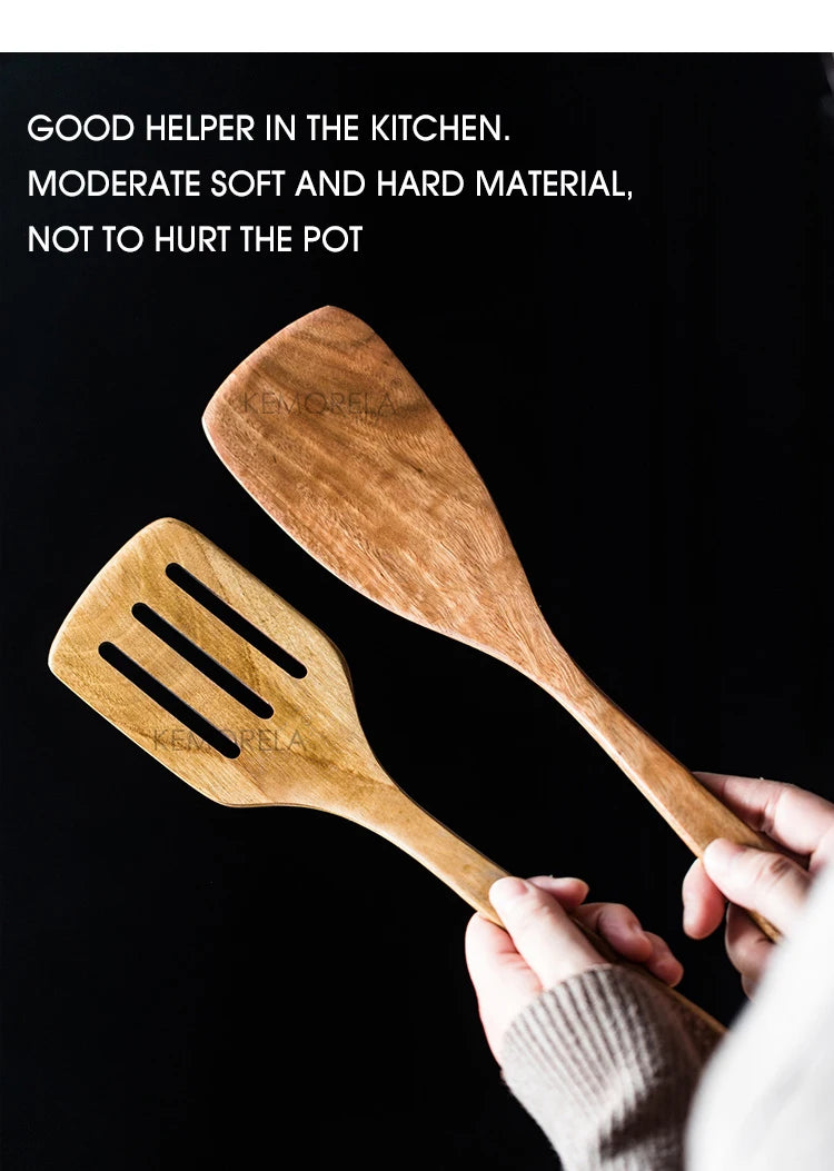 9-Piece Premium Teak Wood Cooking Utensil Set with Holder - Eco-Friendly Handcrafted Kitchen Tools