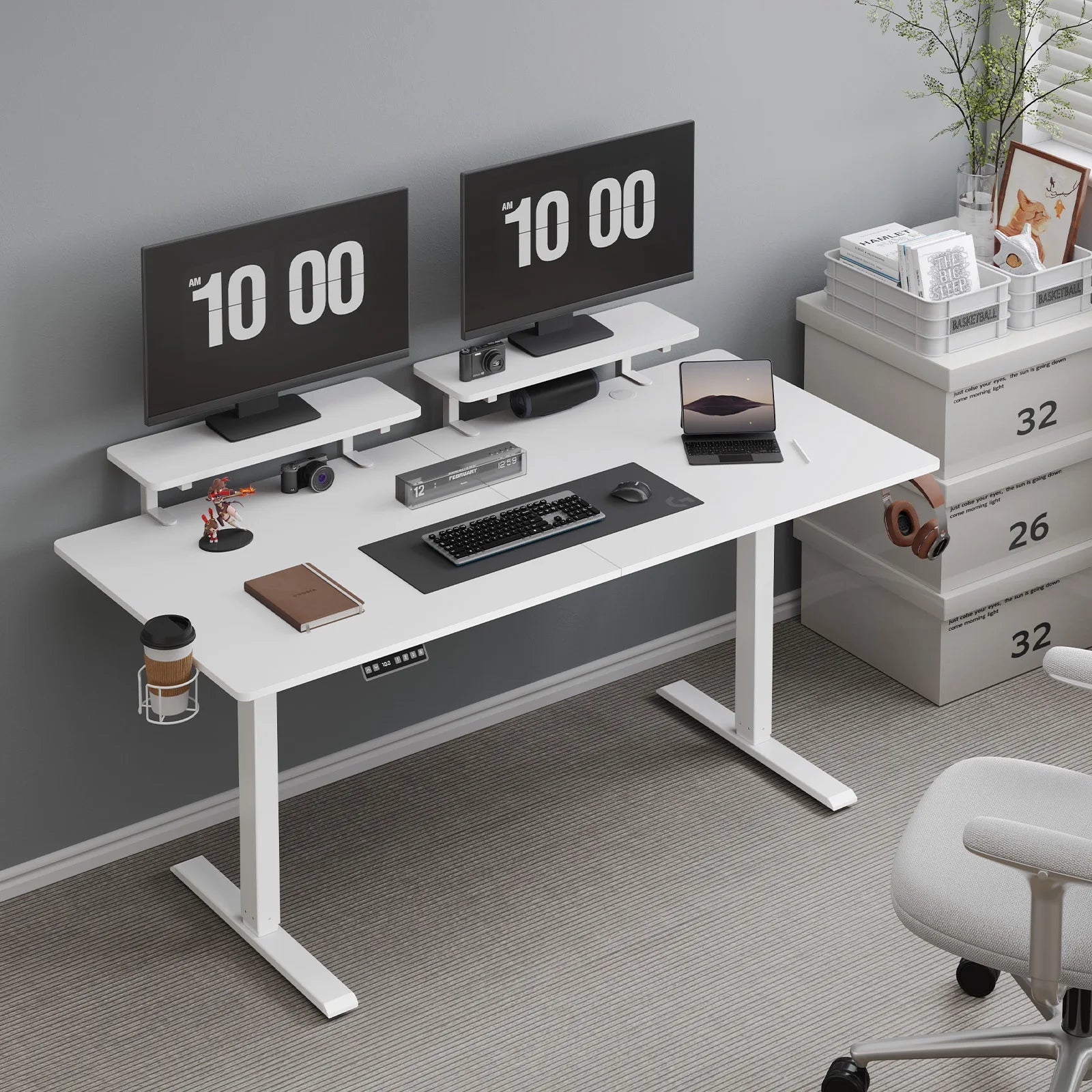 Standing Desk with Dual Monitor Shelves - Ergonomic Workstation with 2 Adjustable Shelves