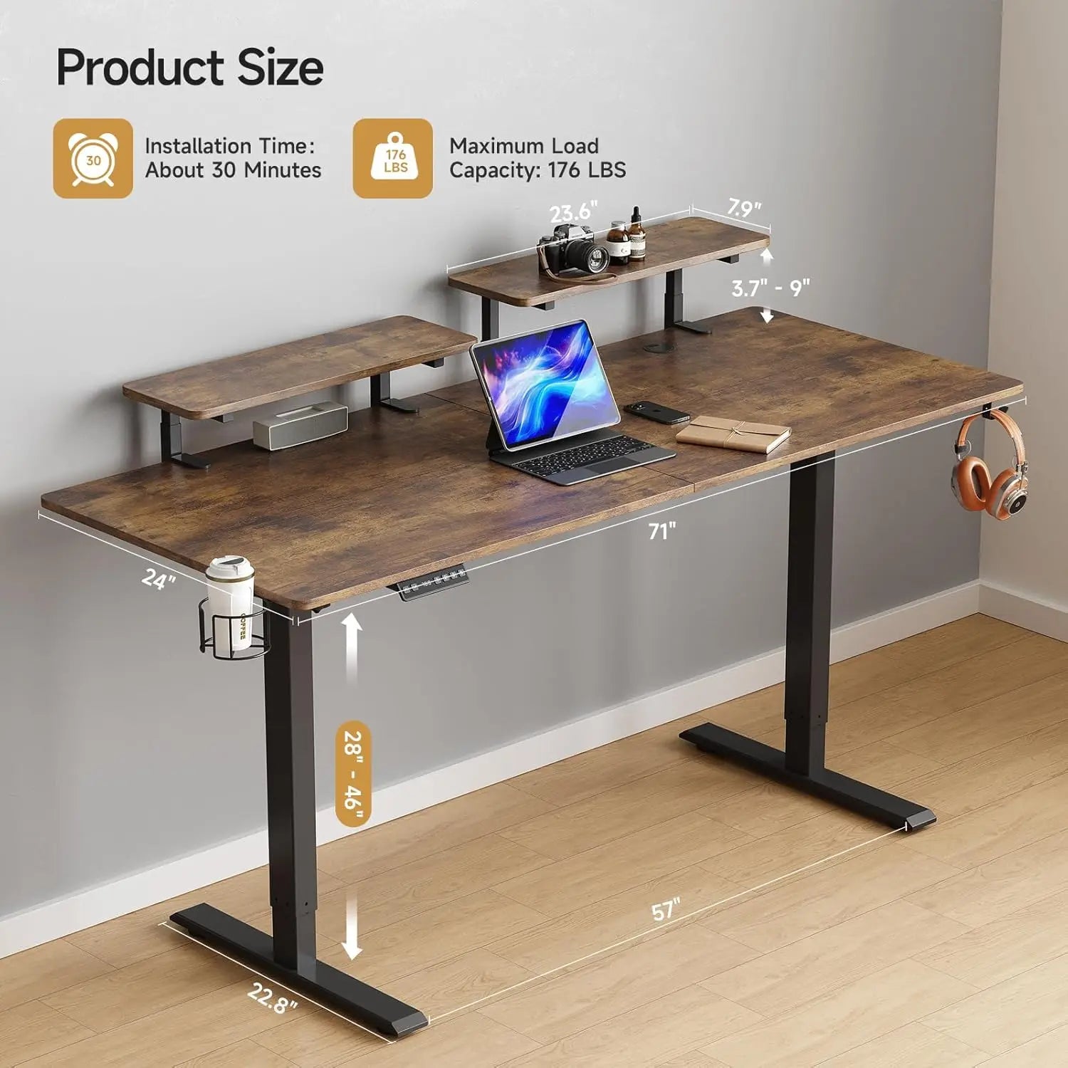 Standing Desk with Dual Monitor Shelves - Ergonomic Workstation with 2 Adjustable Shelves