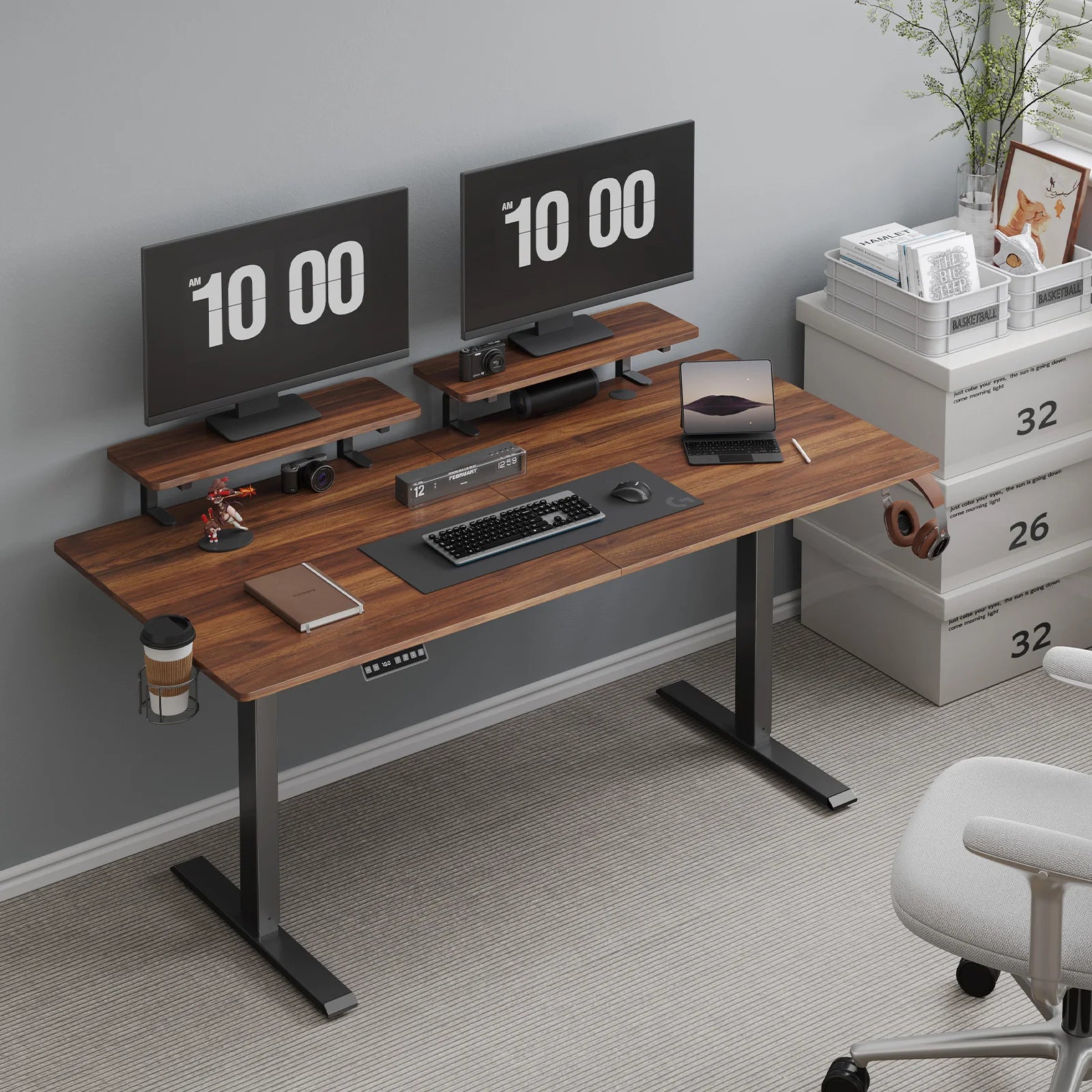 Standing Desk with Dual Monitor Shelves - Ergonomic Workstation with 2 Adjustable Shelves