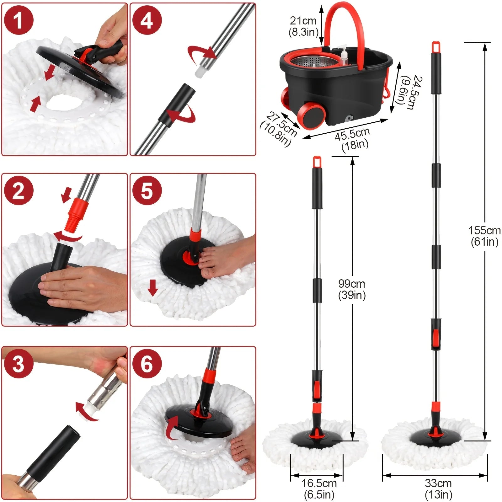 360° Spin Mop & Bucket Set with Wringer | Stainless Steel Handle, Rolling Wheels | All Hard Floors