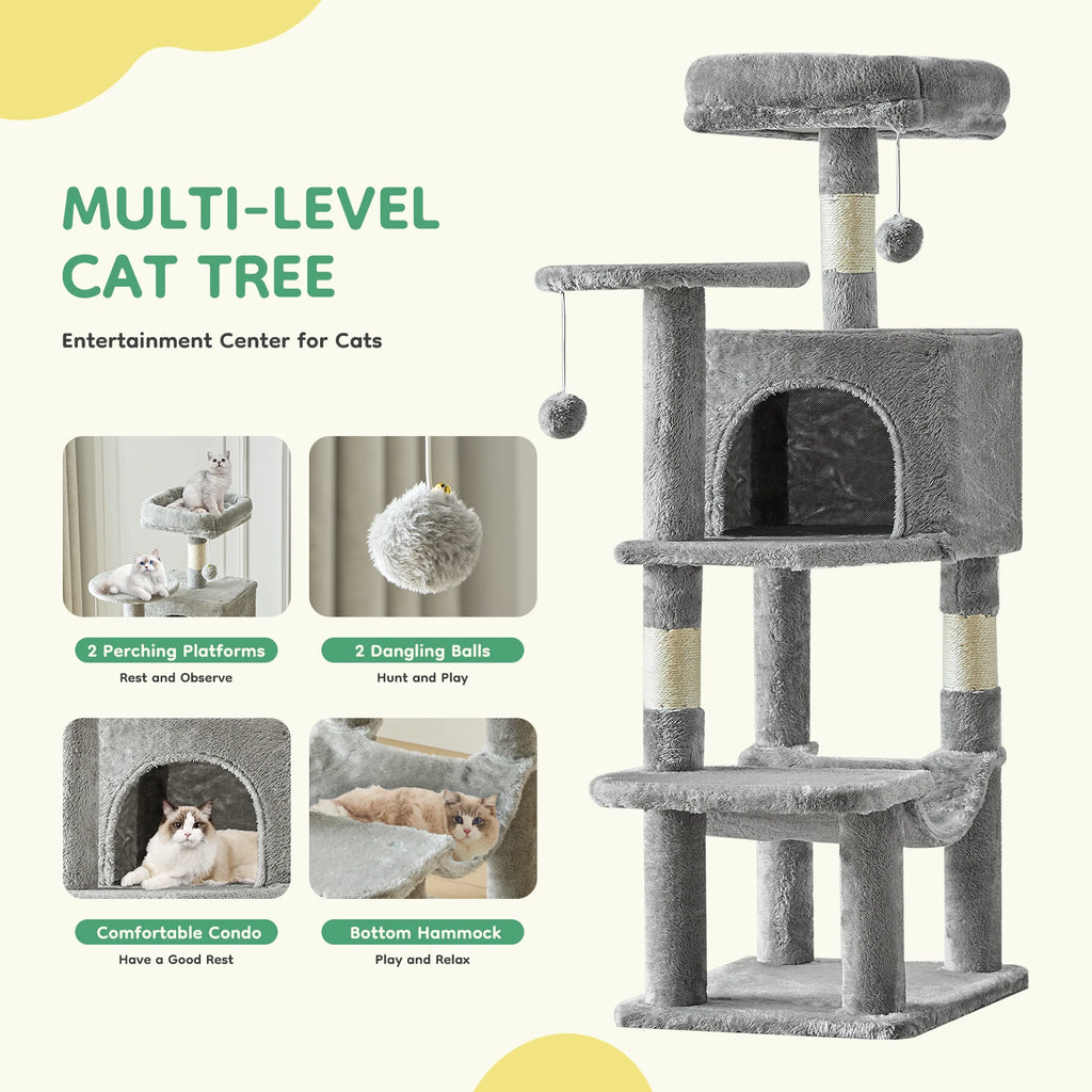 JHK 44" Multi-Level Cat Tree Tower | 4-Tier Climbing Tower with Condo, Hammock & Sisal Scratching Posts | For 2–3 Cats