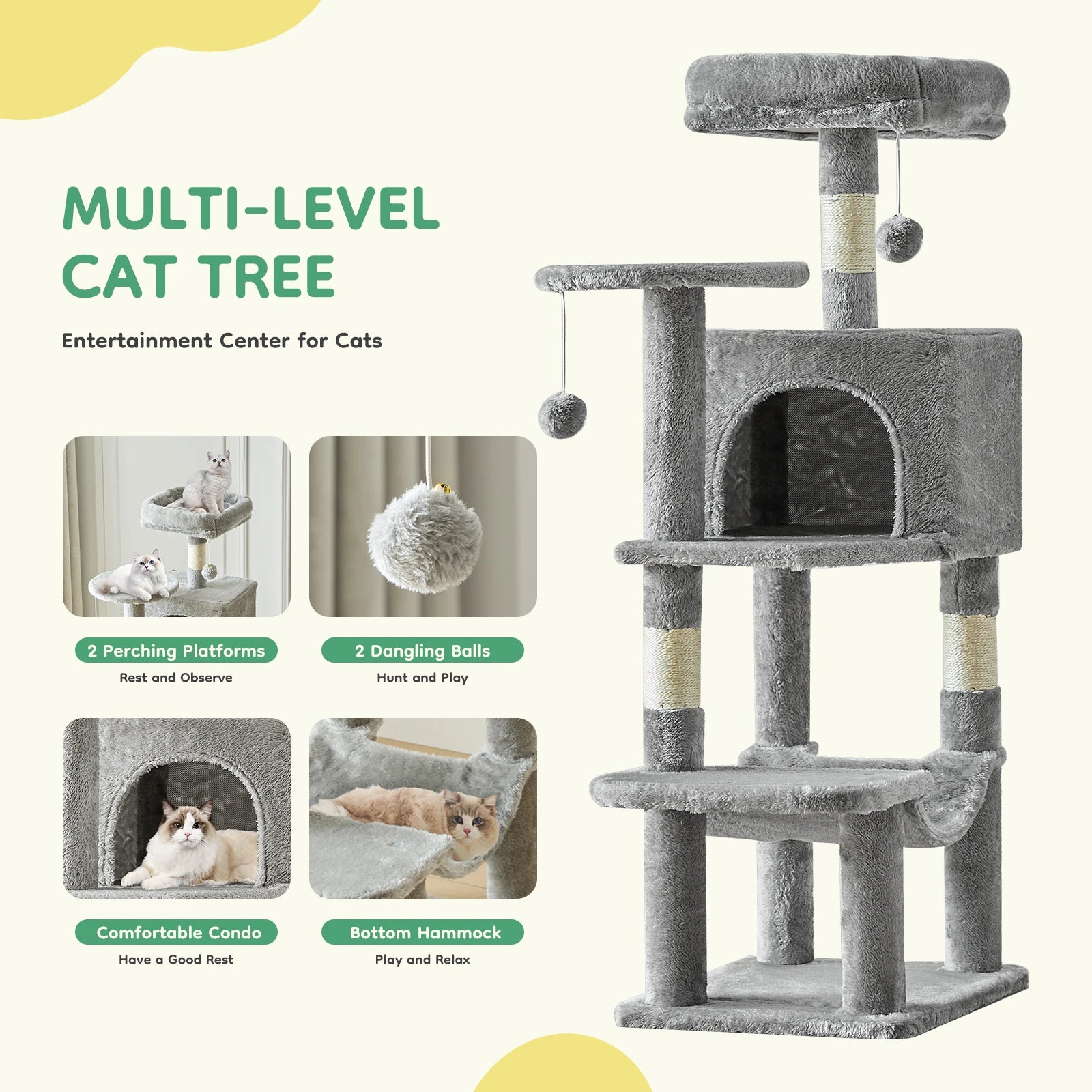 JHK 44" Multi-Level Cat Tree Tower | 4-Tier Climbing Tower with Condo, Hammock & Sisal Scratching Posts | For 2–3 Cats