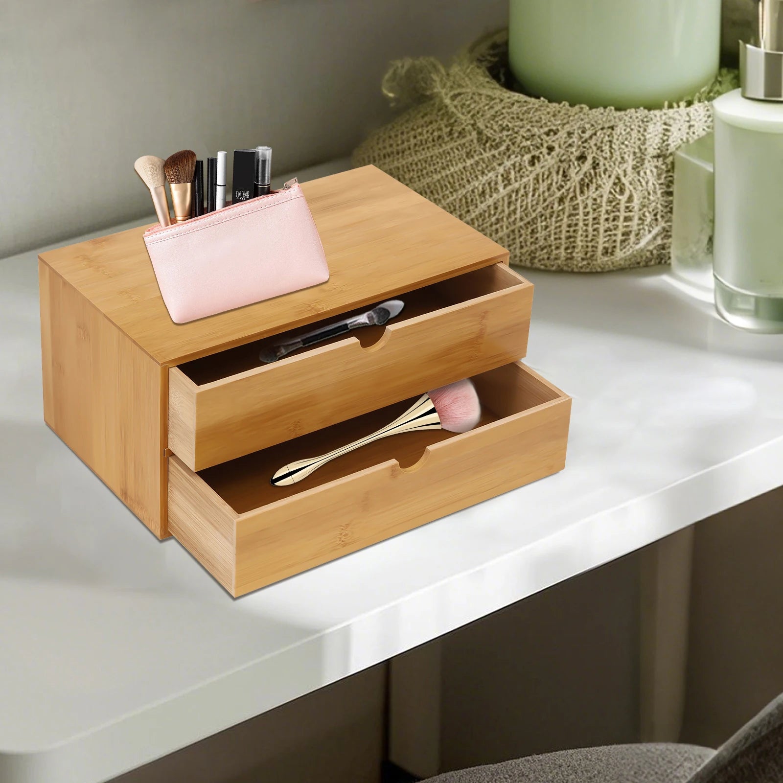 Bamboo Desktop Organizer - 2-Drawer Natural Wood Stationery & Makeup Storage