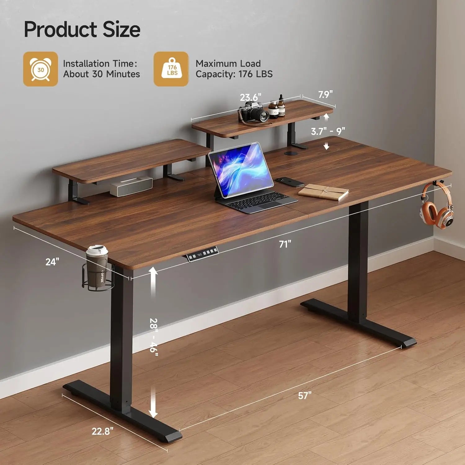 Standing Desk with Dual Monitor Shelves - Ergonomic Workstation with 2 Adjustable Shelves
