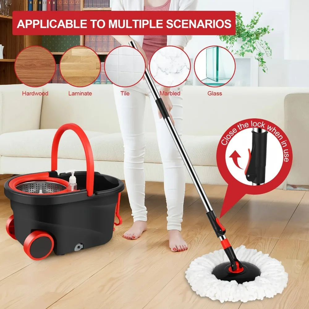 360° Spin Mop & Bucket Set with Wringer | Stainless Steel Handle, Rolling Wheels | All Hard Floors