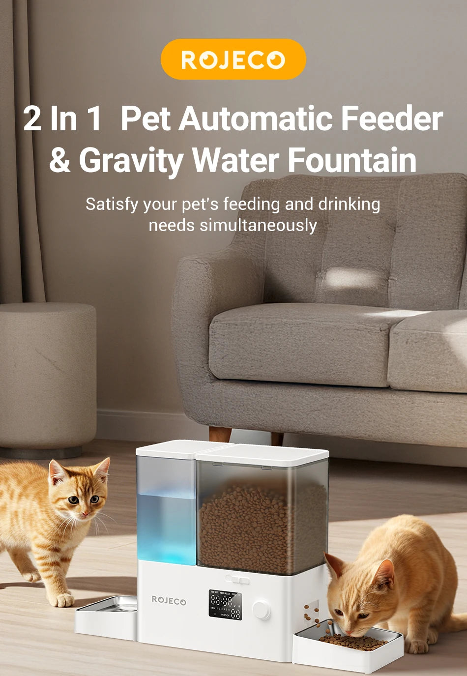ROJECO 2-in-1 Automatic Pet Feeder & Water Fountain | 8.5L Smart Kibble Dispenser with LCD Display & Timer