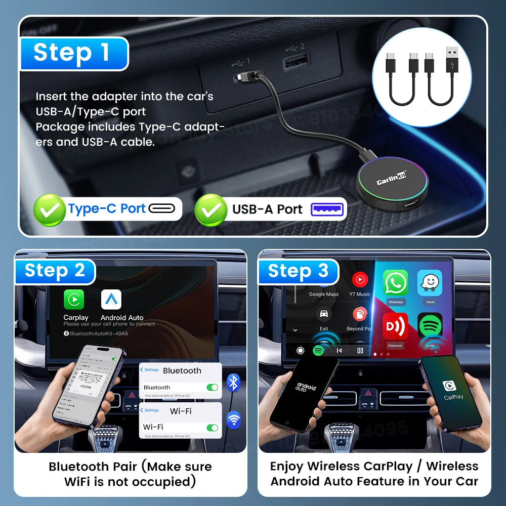 CarlinKit HD2CP Pro | Wireless CarPlay & Android Auto + HDMI Input Adapter | 2K@30fps | Plug & Play