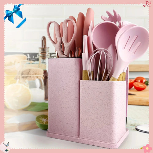 19-Piece Silicone Kitchen Utensil Set with Knives & Bamboo Holder - Eco-Friendly Heat-Resistant Cooking Tools