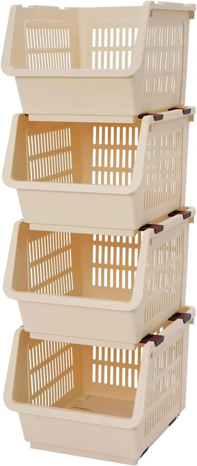 4-Pack Stackable Storage Baskets - Multi-Purpose Plastic Organizer Bins for Pantry