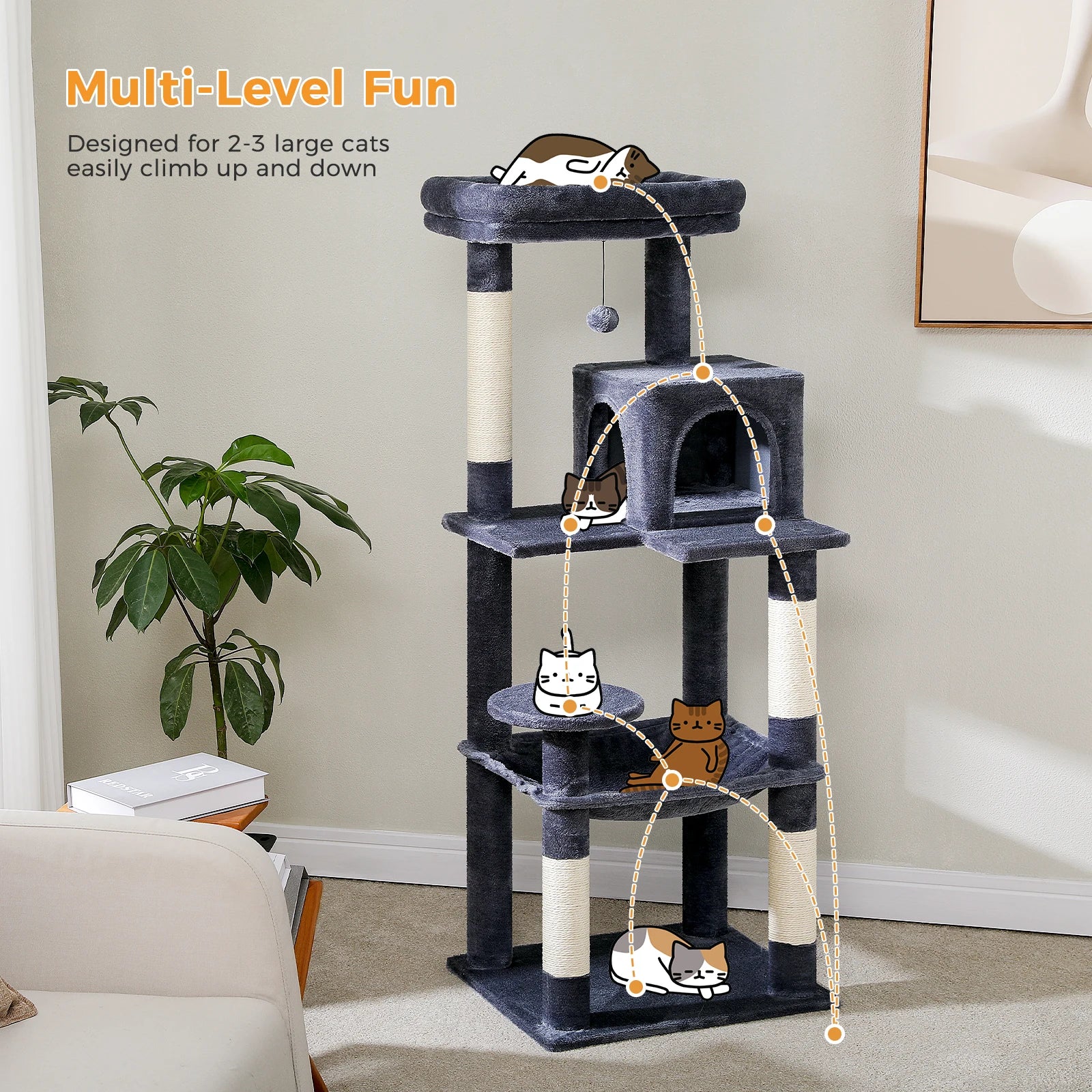 PAWZ Road 5-Level Cat Tree Tower | Large Hammock, Sisal Scratching Posts & Cozy Condo for Indoor Cats