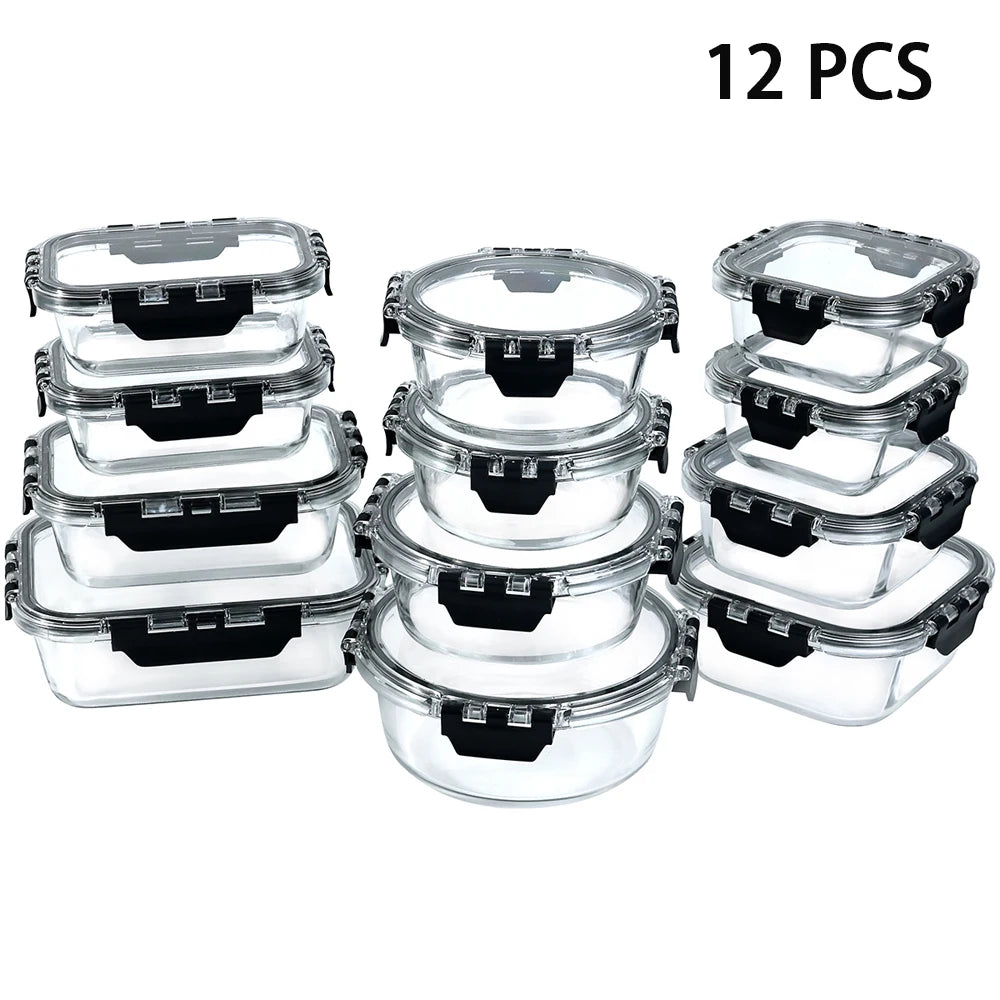 12-Piece Glass Lunch Box Set - Leak-Proof Glass Food Storage Containers with Lids