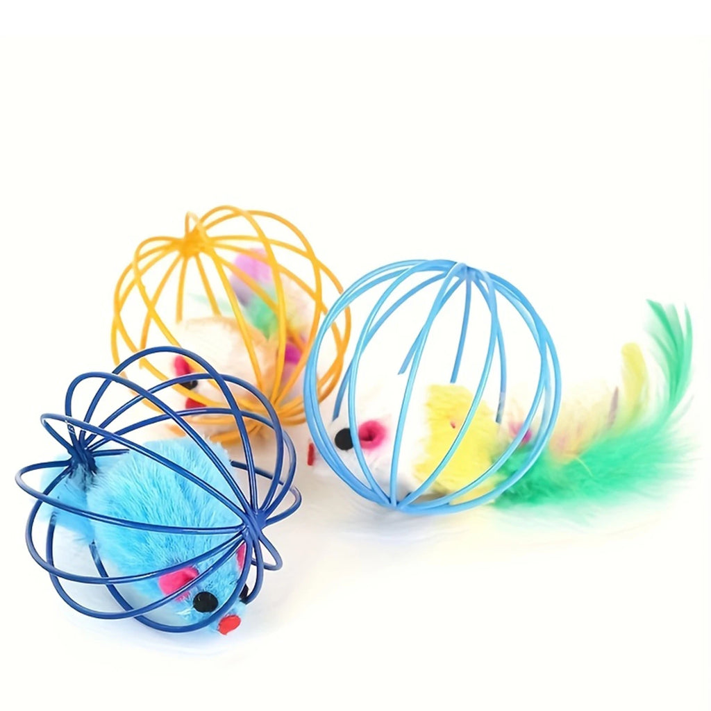 LISM Wire Cage Mouse Cat Toy | Feather Tail & Jingle Bell Ball | Interactive Stimulation Toy for Indoor Cats
