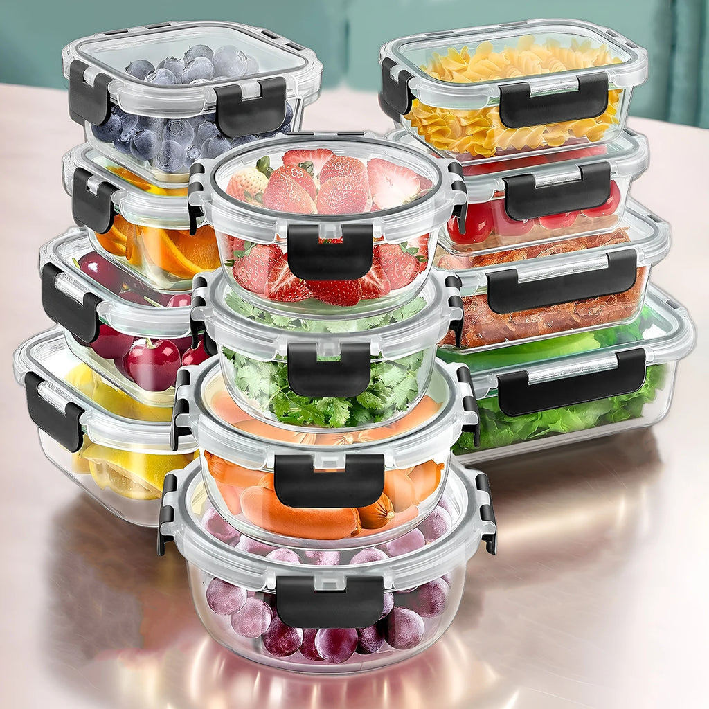 12-Piece Glass Lunch Box Set - Leak-Proof Glass Food Storage Containers with Lids