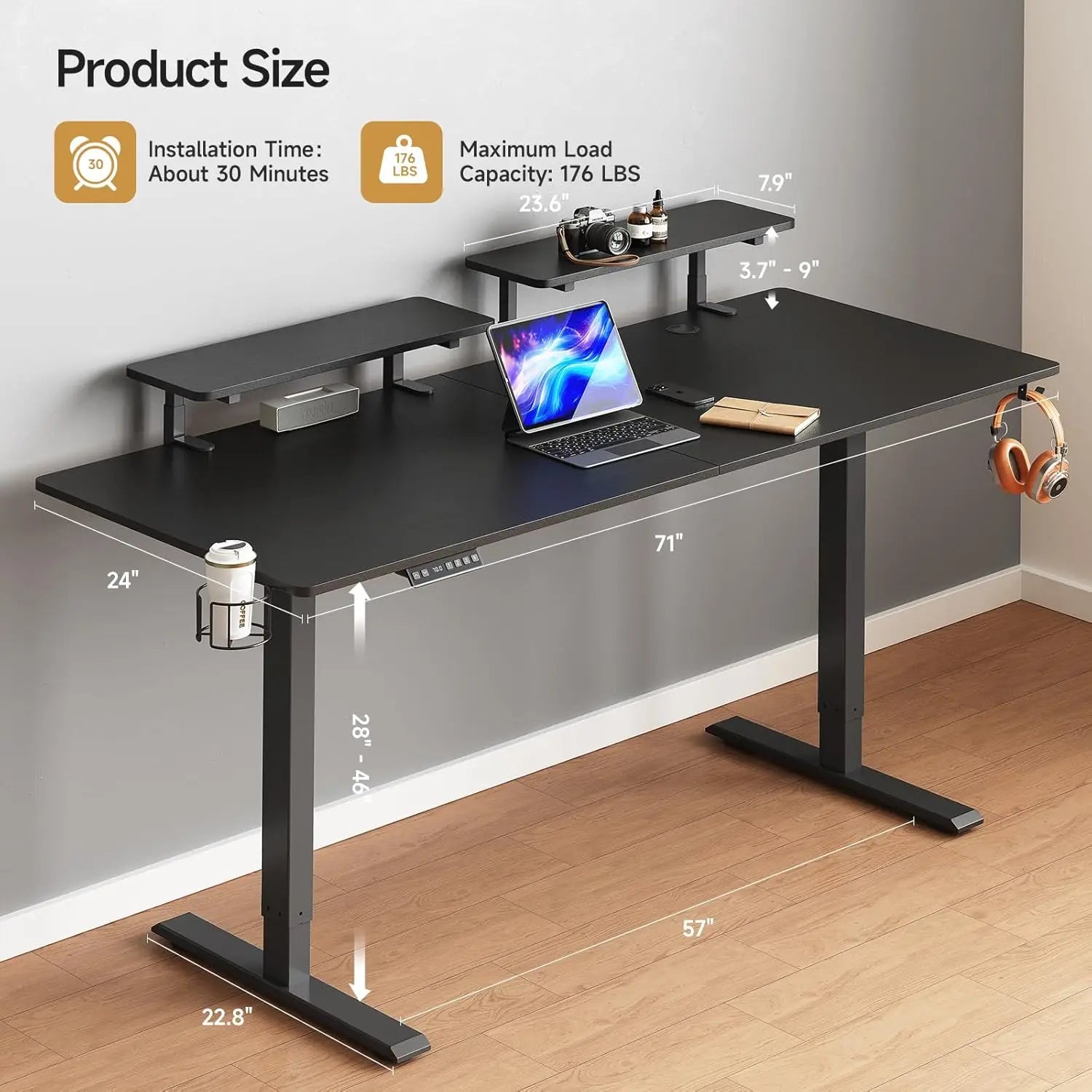 Standing Desk with Dual Monitor Shelves - Ergonomic Workstation with 2 Adjustable Shelves