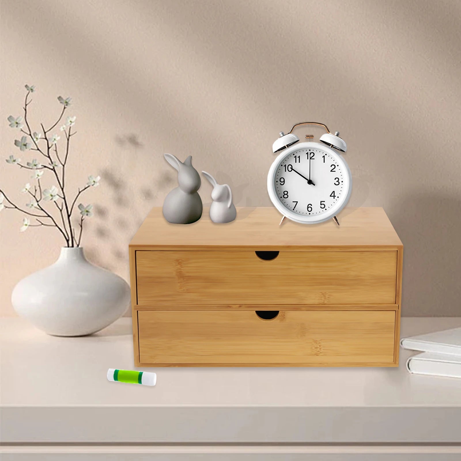 Bamboo Desktop Organizer - 2-Drawer Natural Wood Stationery & Makeup Storage