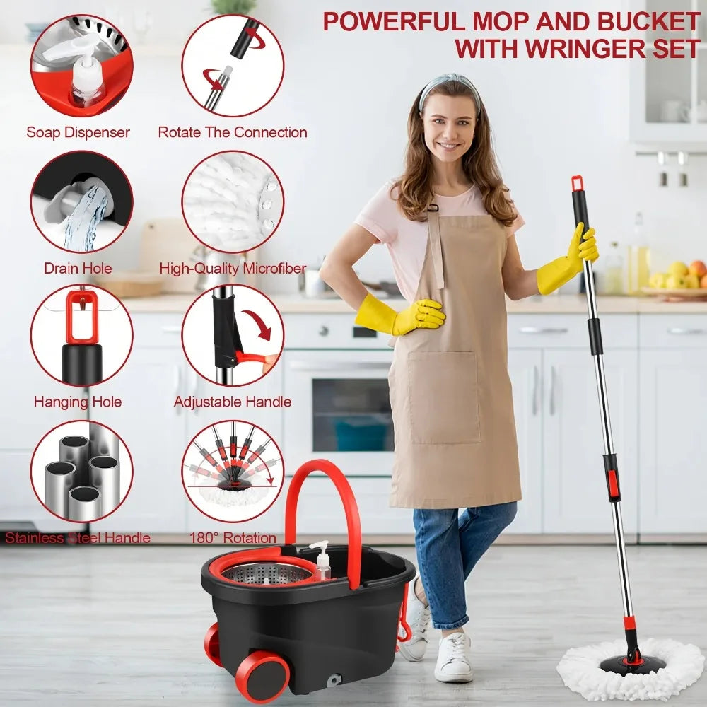 360° Spin Mop & Bucket Set with Wringer | Stainless Steel Handle, Rolling Wheels | All Hard Floors