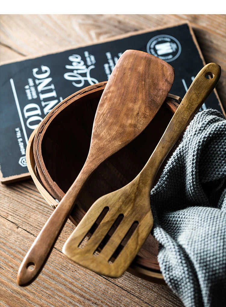 9-Piece Premium Teak Wood Cooking Utensil Set with Holder - Eco-Friendly Handcrafted Kitchen Tools