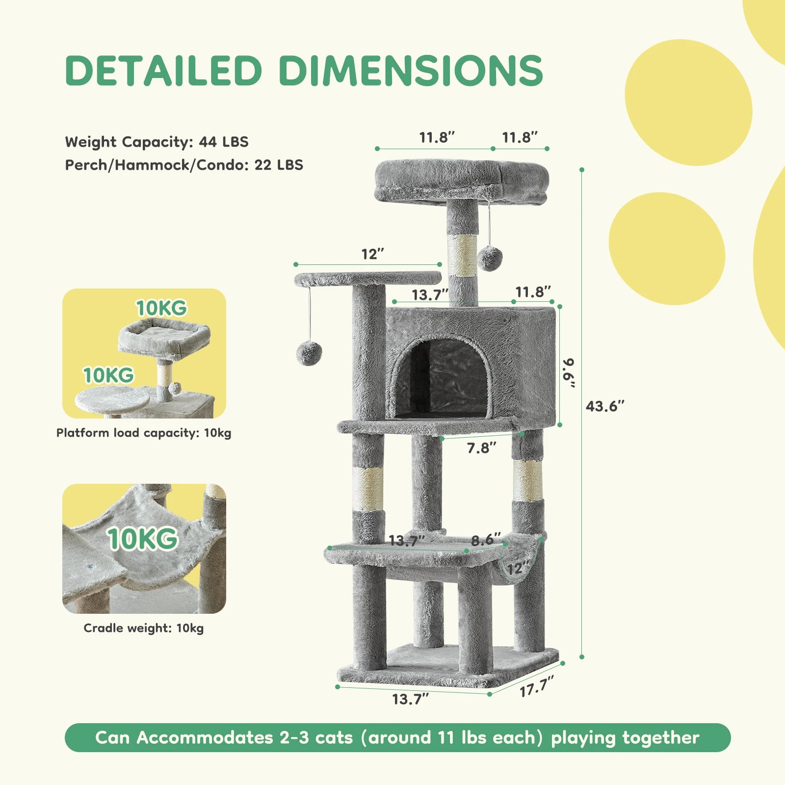 JHK 44" Multi-Level Cat Tree Tower | 4-Tier Climbing Tower with Condo, Hammock & Sisal Scratching Posts | For 2–3 Cats