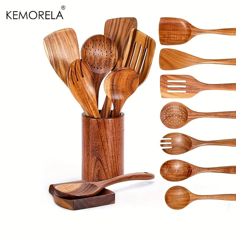 9-Piece Premium Teak Wood Cooking Utensil Set with Holder - Eco-Friendly Handcrafted Kitchen Tools