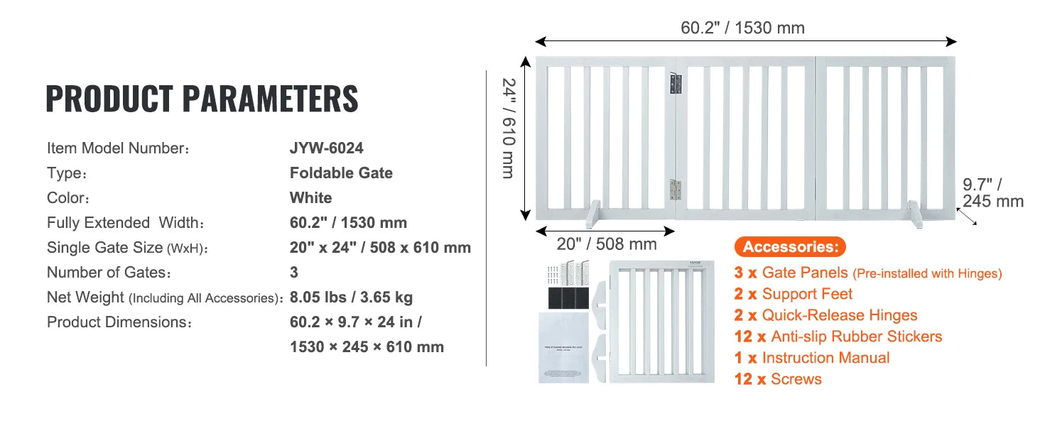 SucceBuy Freestanding Wood Dog Gate | 3-Panel Foldable Pet Barrier | No-Drill, Adjustable Width | 60–96 Inches
