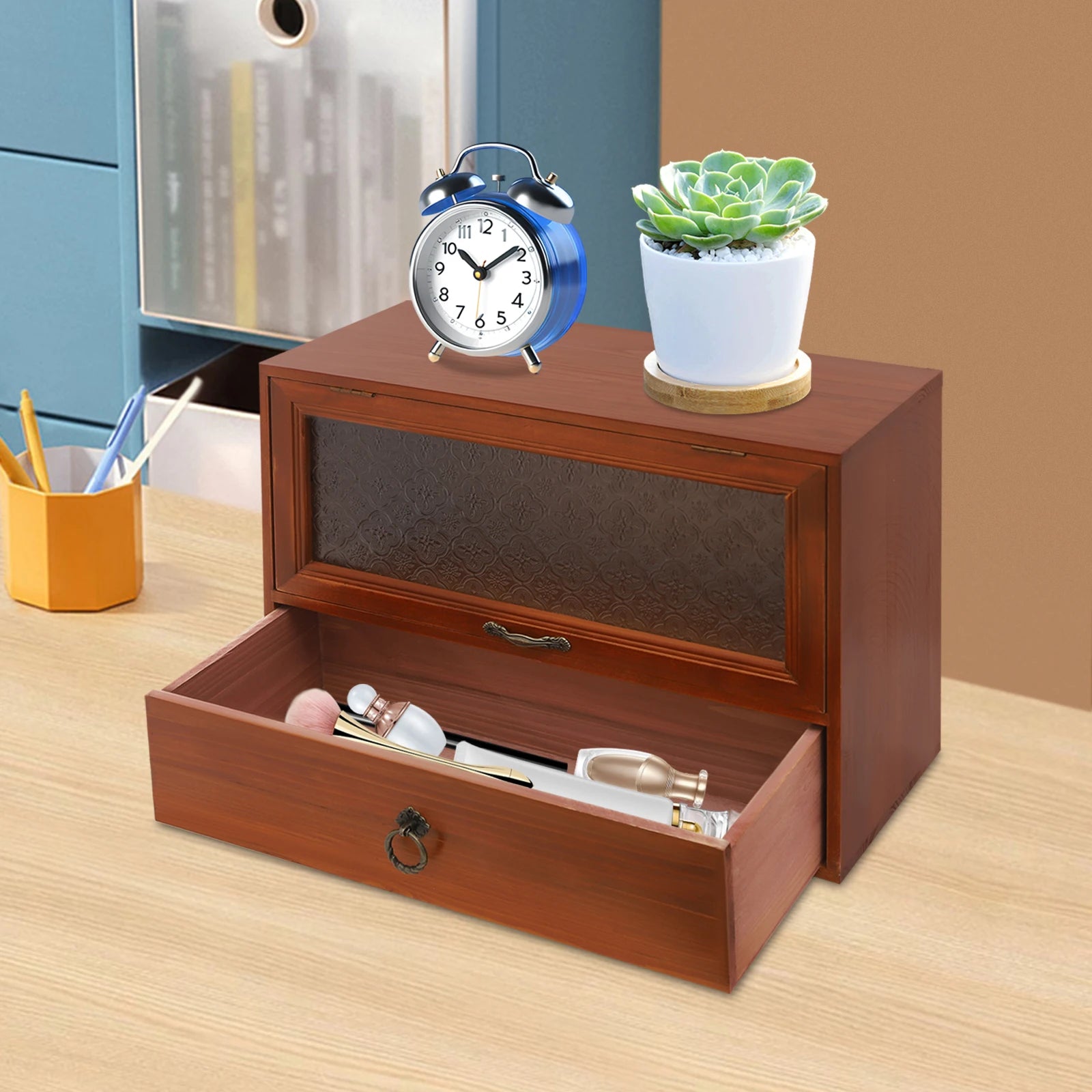 2-Tier Vintage Storage Drawer - Tabletop Organizer Cabinet for Jewelry & Small Accessories