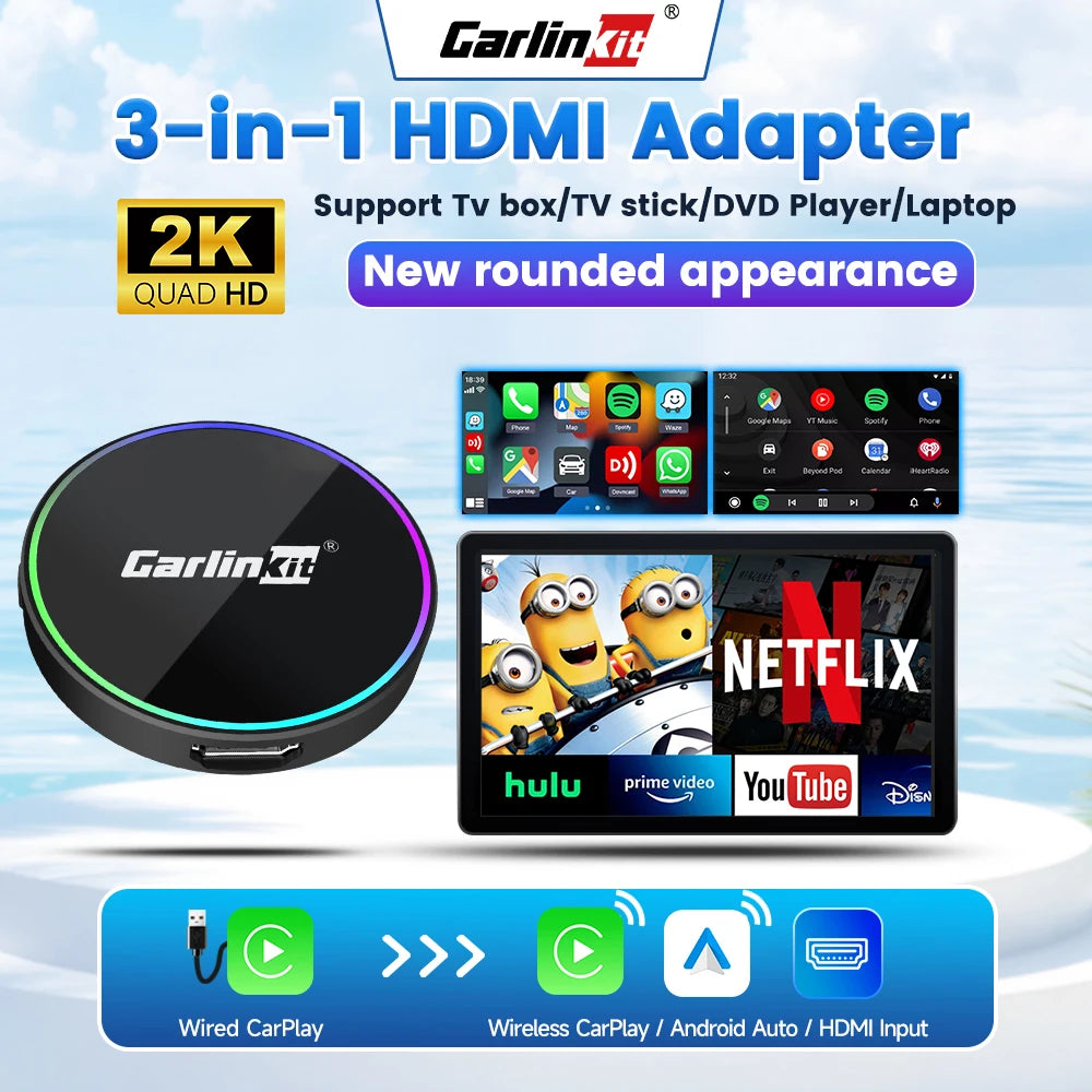 CarlinKit HD2CP Pro | Wireless CarPlay & Android Auto + HDMI Input Adapter | 2K@30fps | Plug & Play