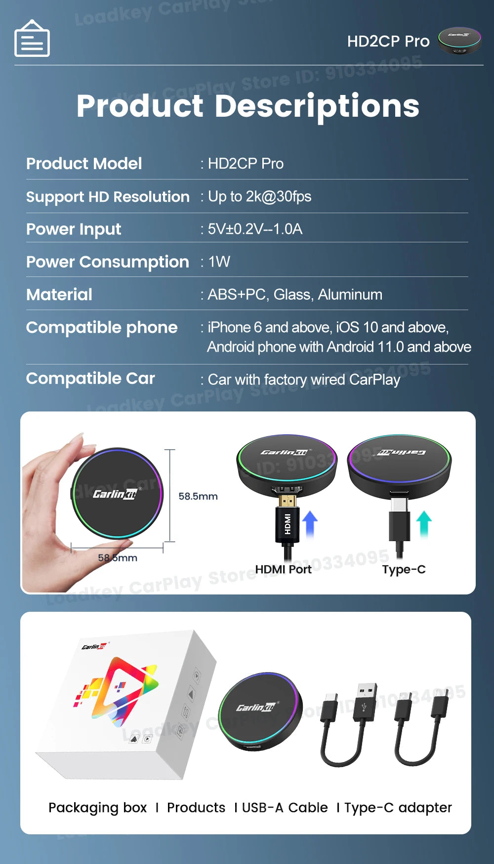 CarlinKit HD2CP Pro | Wireless CarPlay & Android Auto + HDMI Input Adapter | 2K@30fps | Plug & Play