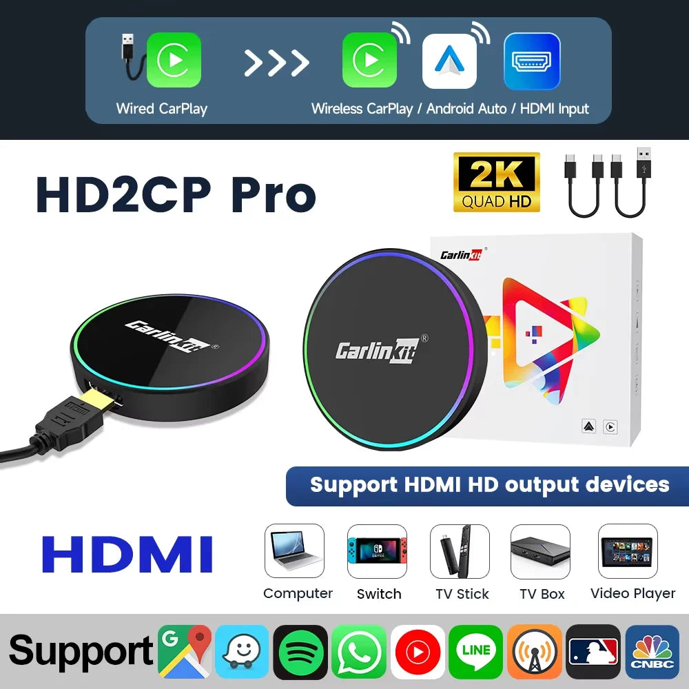 CarlinKit HD2CP Pro | Wireless CarPlay & Android Auto + HDMI Input Adapter | 2K@30fps | Plug & Play