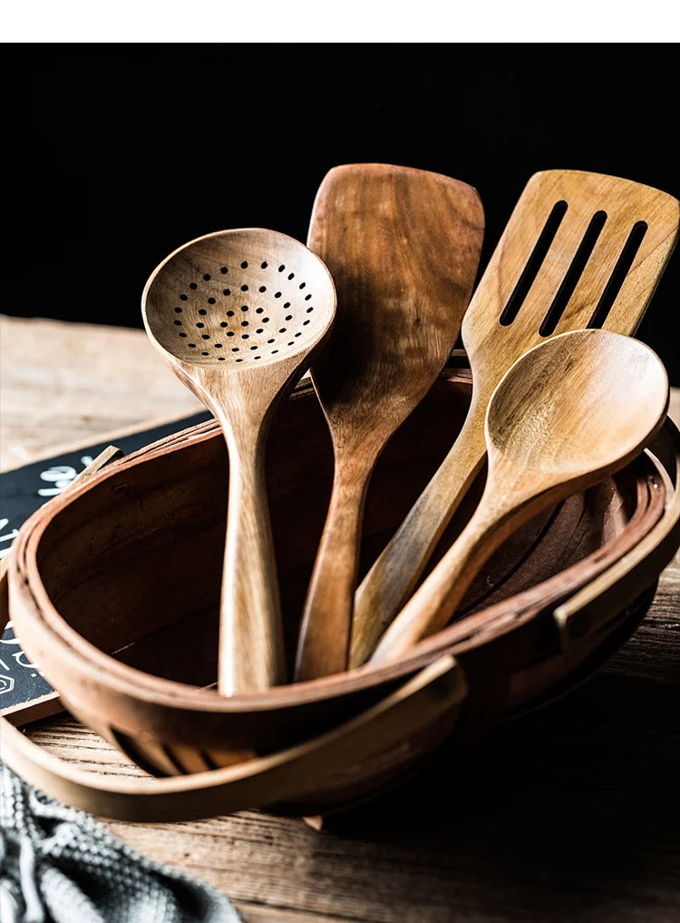 9-Piece Premium Teak Wood Cooking Utensil Set with Holder - Eco-Friendly Handcrafted Kitchen Tools