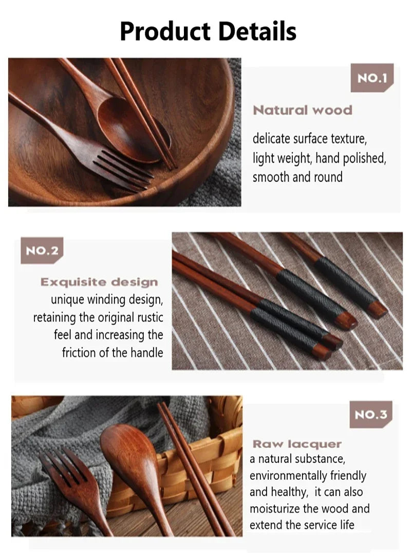 3-Piece Portable Bamboo Cutlery Set - Eco-Friendly Reusable Wooden Spoon, Fork & Chopsticks for Travel