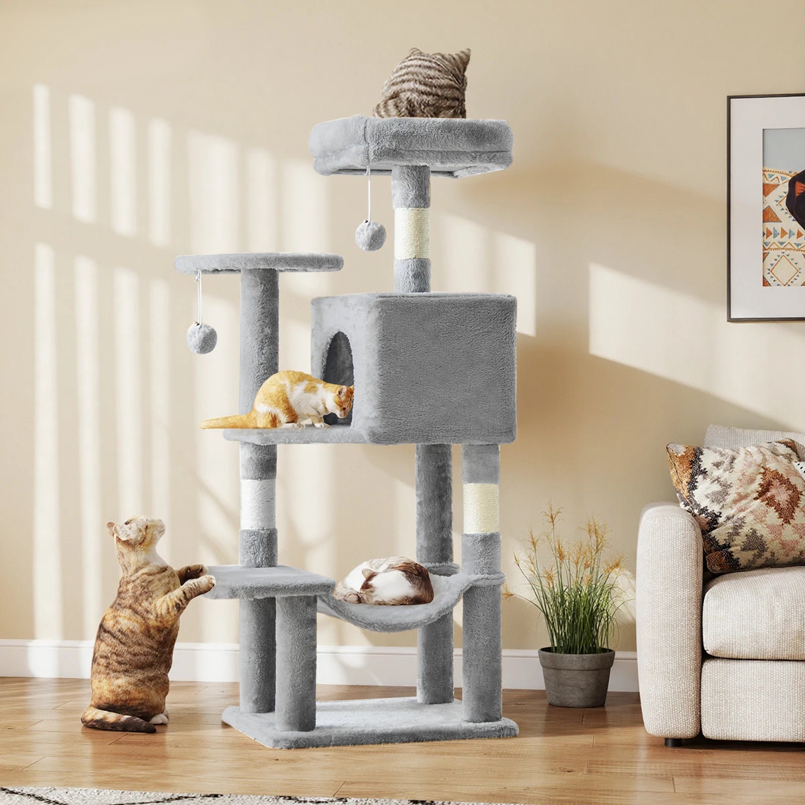 JHK 44" Multi-Level Cat Tree Tower | 4-Tier Climbing Tower with Condo, Hammock & Sisal Scratching Posts | For 2–3 Cats
